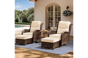 NUSBAY High Back Outdoor Furniture with Extra Thick Cushion Patio Swivel Rocking Chairs, 5PCS Oversized Comfort Wicker Conversation Set for Porch, Deck, Yard in Cream White