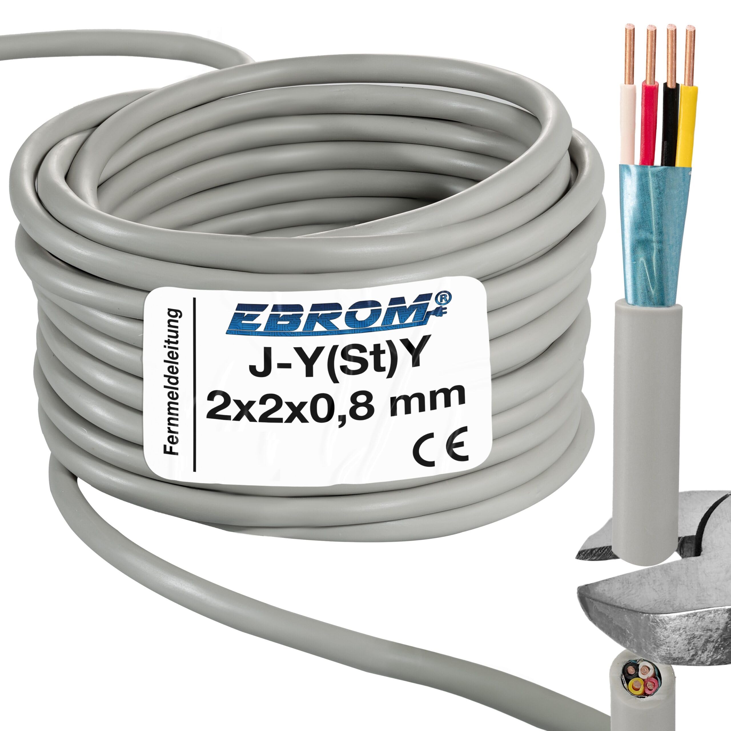 EBROM Telephone Cable Data Transfer J-Y(St) Y 2 x 2 x 0.8 mm Shielded - Sold by the Metre Accurately to the Metre - Selection in 1 Metre Steps up to 250 Metres, Available Lengths See Selection Below