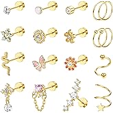 LOYALLOOK 18PCS Cartilage Earring Stud for Women Surgical Steel Flat Back Earrings Couch Hoop Piercing Opal Flower Sanke Helix Tragus Piercing CZ Cartilage Earring Piercing