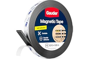 GAUDER Magnetic Tape with 3M Adhesive - Strong Self-Adhesive Magnet Strip - Strong Magnetic Tape Roll with Cuttable Length & 3M Sticky Back (10 ft x 0.6 in)