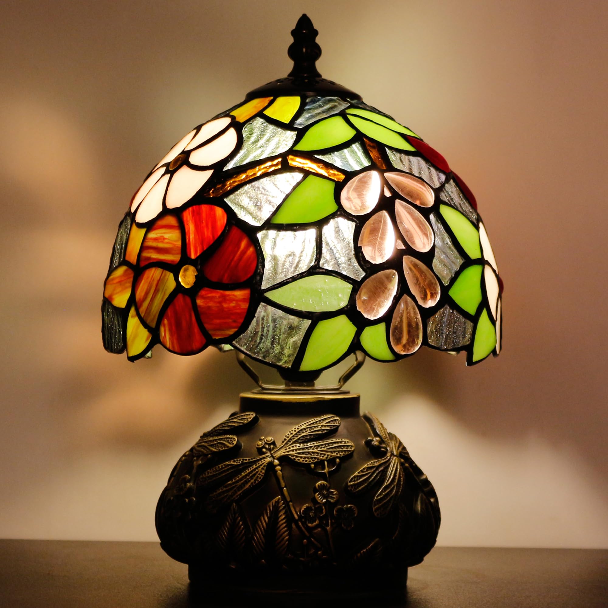 Photo 1 of Small Tiffany Lamp Mini Stained Glass Table Lamp Brown Grape Style Mushroom Desk Light Memory Sympathy Lamp 8X11 Inch