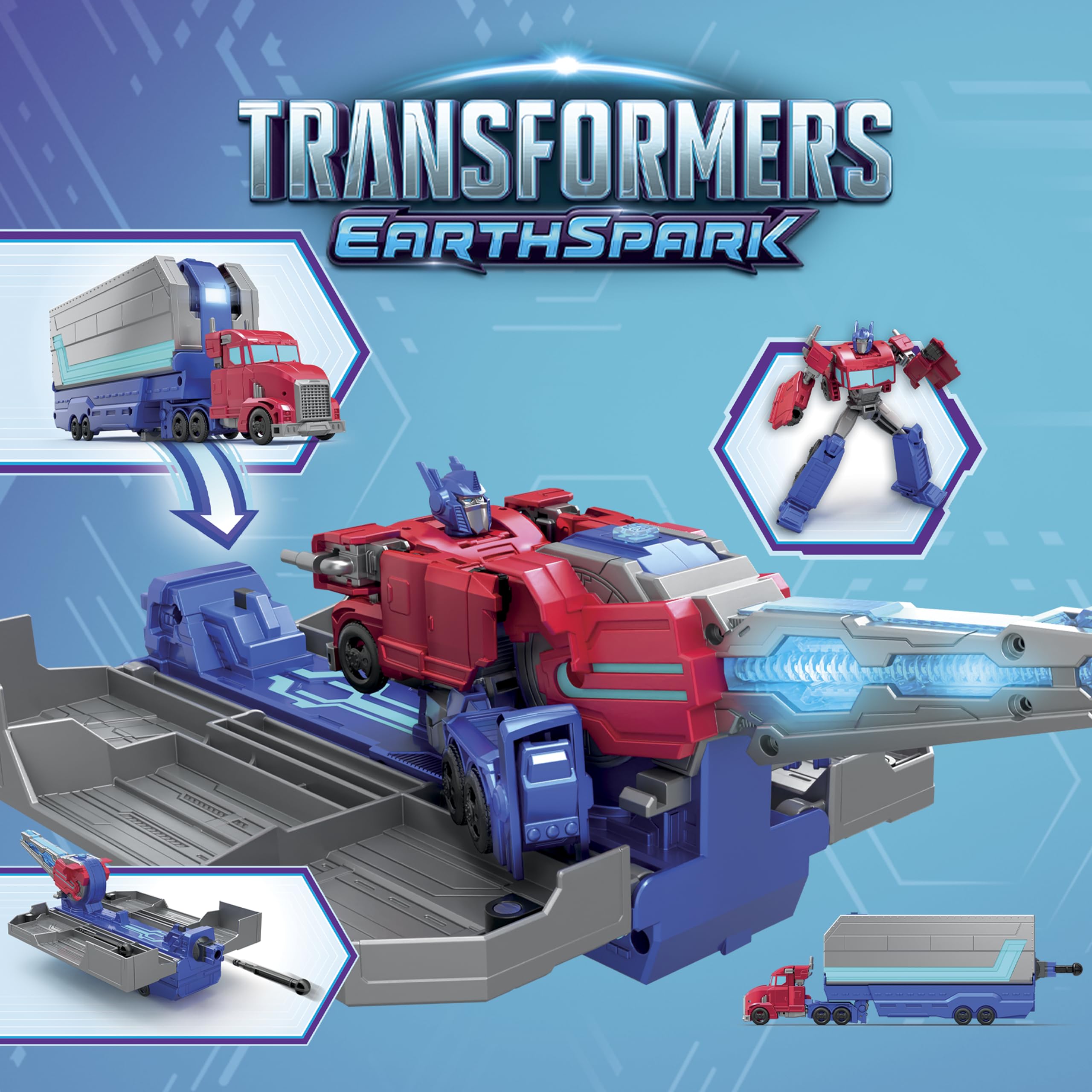 Transformers EarthSpark Optimus Prime Battle Trailer Playset with Action Figure, Lights and Sounds, Electronic Truck Toys for Kids 6 and Up
