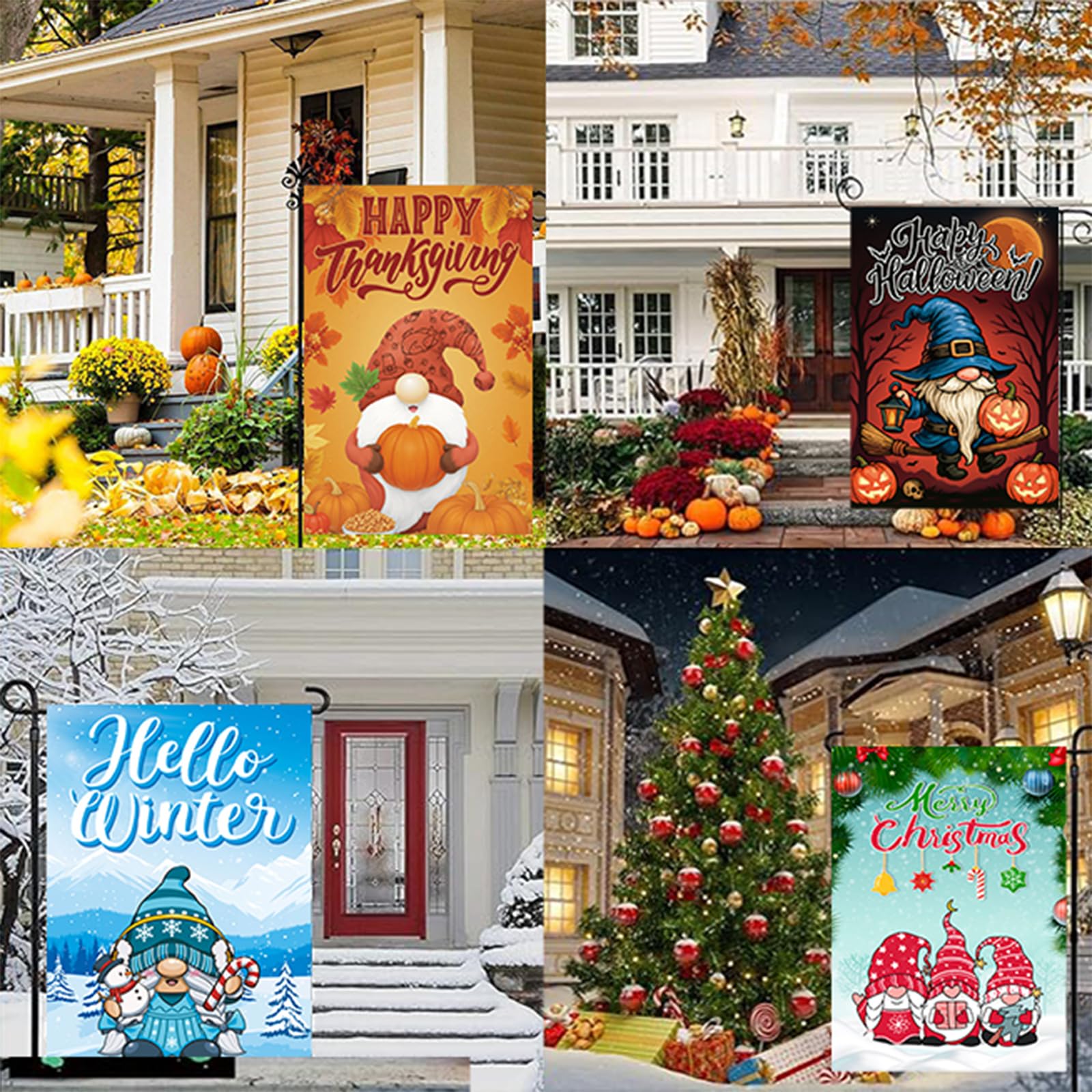 Gnomes Theme Seasonal Garden Flags Set of 12 Double Sided 12 x 18 Inch Summer Garden Flag for Outside, 4 of July Fall Winter Halloween Christmas Outdoor Flags, Holiday Flags for All Seasons