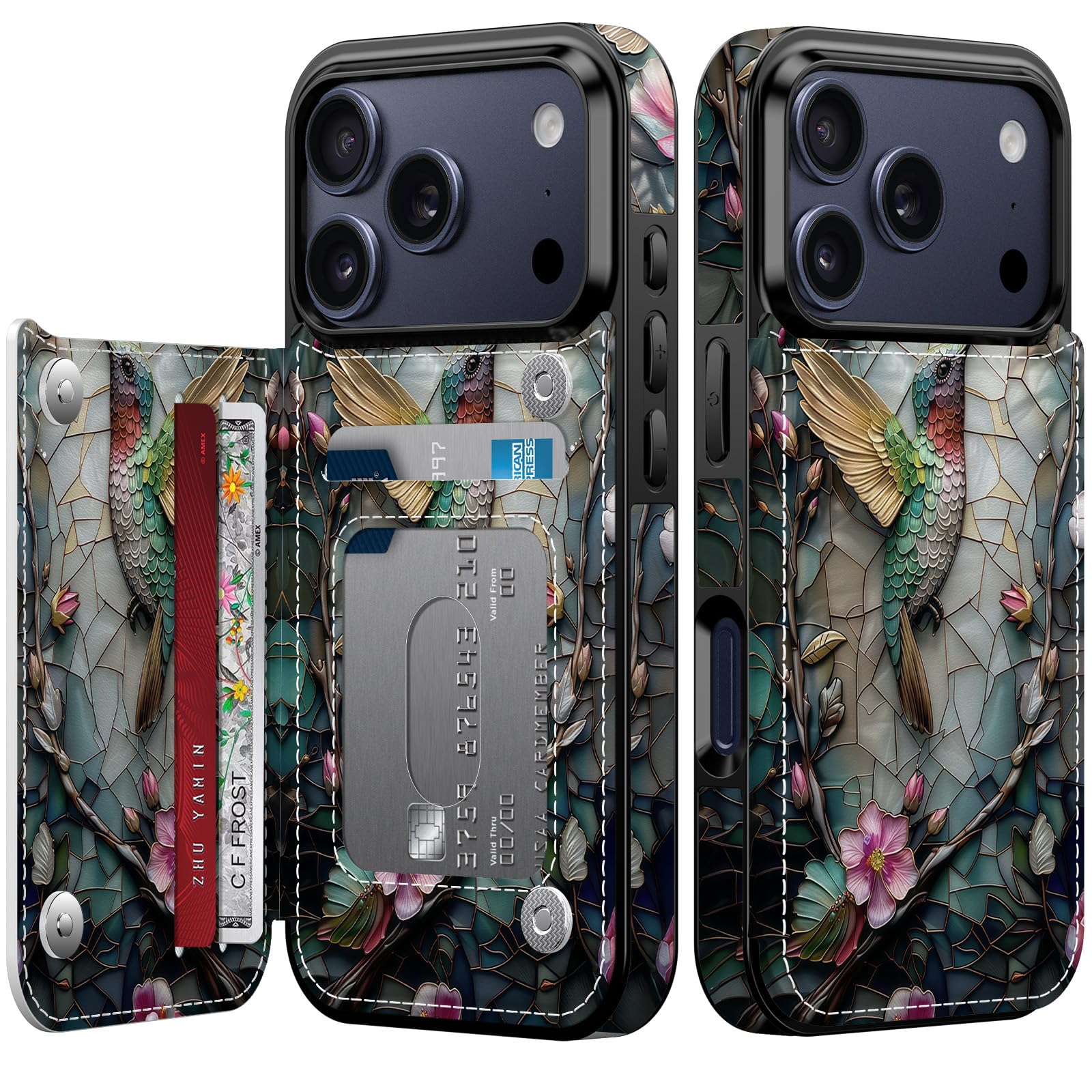 Goodon for iPhone 17 Pro Wallet Case with Card Holder,RFID-Blocking,Aesthetic Vintage Floral Girly Shell,Trendy Unique Cool Retro Protective Phone Cover for Women Girls - Hummingbird Floral