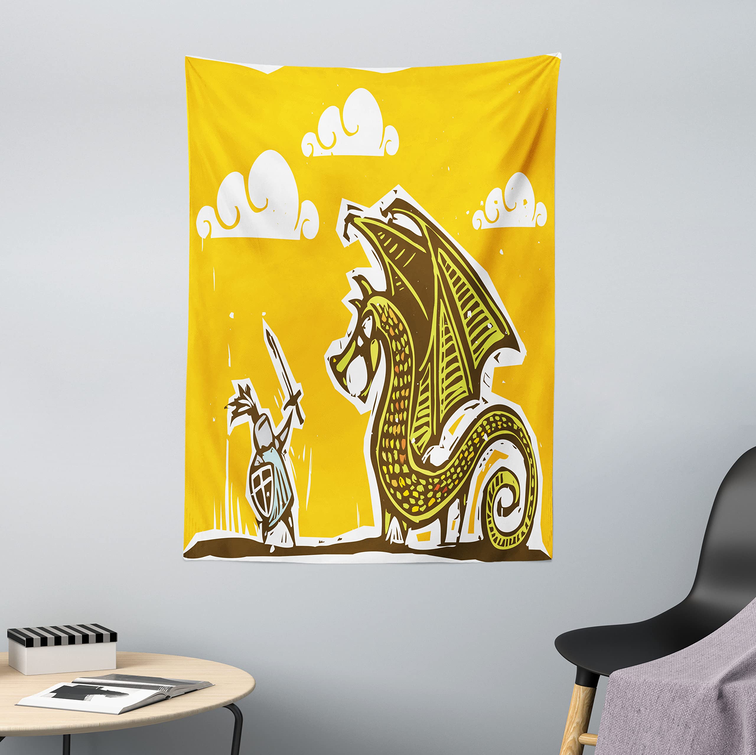 ABAKUHAUS Dragon Tapestry, Knight with Shield in Steel Armour against Dragon with Wings Cartoon Middle Ages Design, Fabric Wall Hanging Decor for Bedroom Living Room Dorm, 43 W X 58 L, Yellow