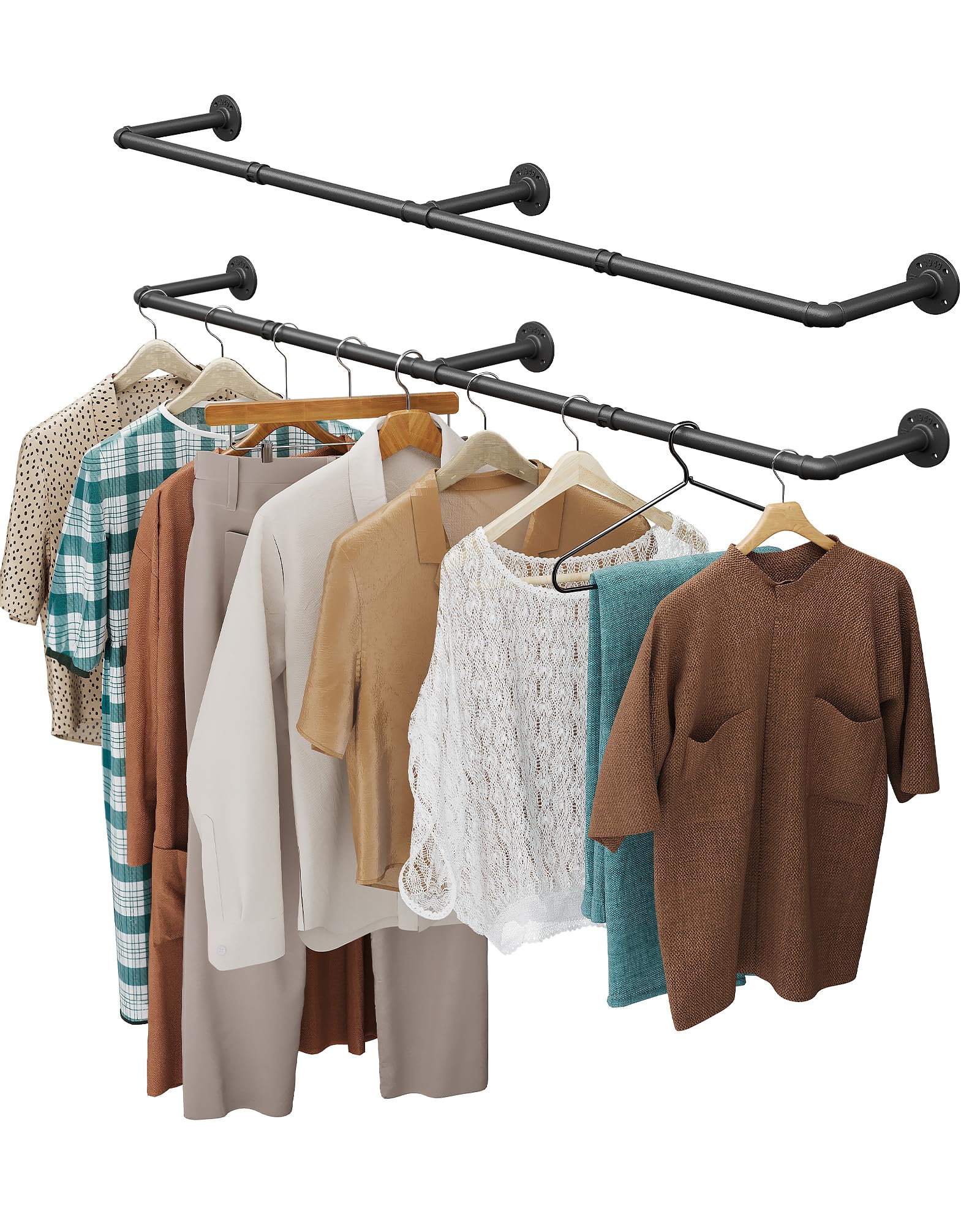 OROPY Industrial Pipe Clothes Rail, Set of 2, 167cm Wall Mounted Detachable Retro Metal Clothing Rail for Hanging Clothes, Heavy Duty Clothes Rail for Bedroom Storage, Black (3 Base)