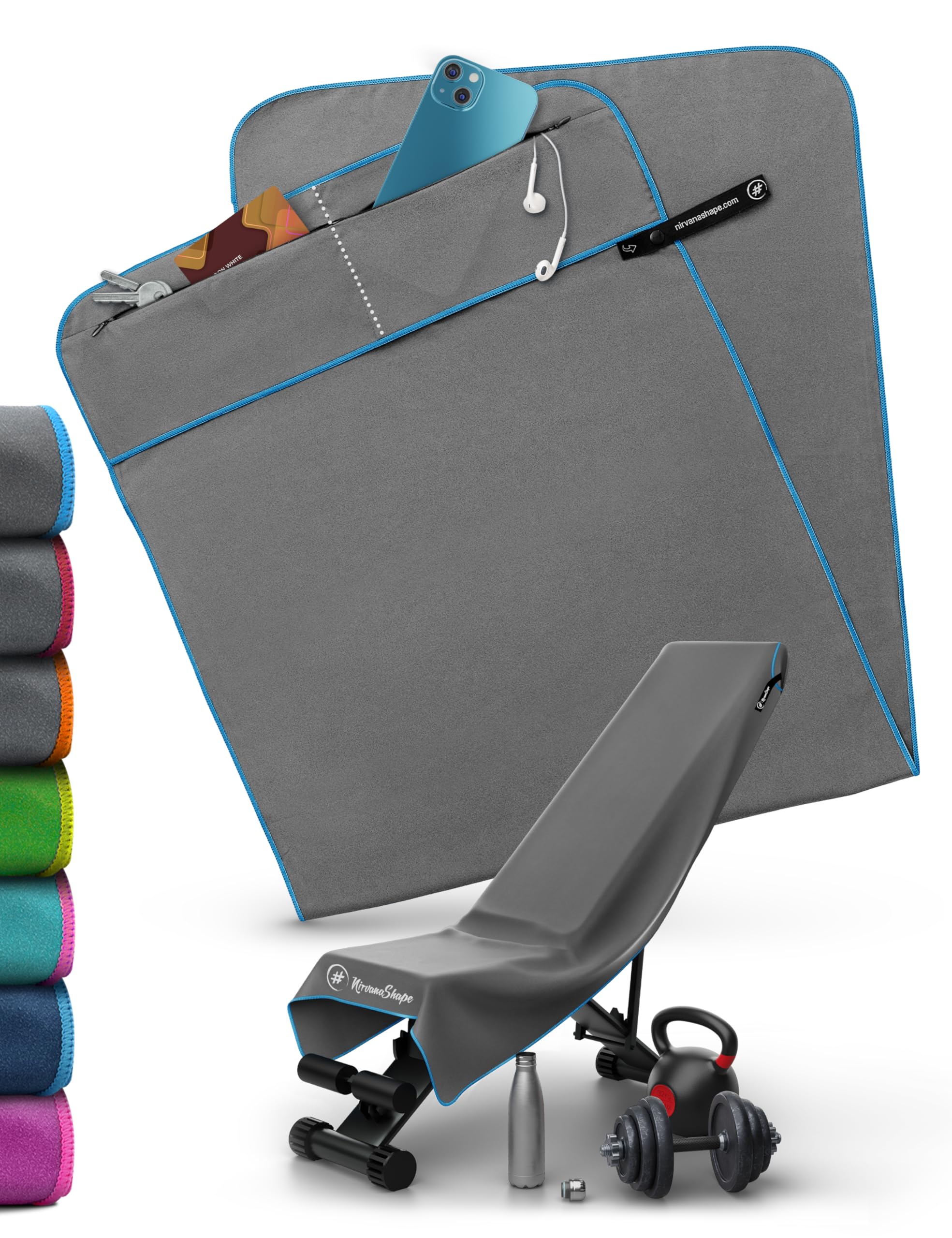 NirvanaShape Gym Towel | Microfibre Gym Towel with Magnetic Clip | Absorbent & Quick-Drying | 125 x 48 cm | Grey with Blue Trim