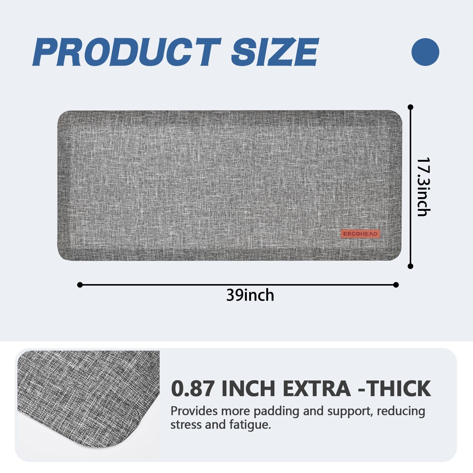 Ergohead Anti Slip 7/8 inchs Anti Fatigue Kitchen Floor Mat, Ergonomic Comfort Standing Mat, Waterproof Kitchen Runner for Home, Kitchen, Office, Laundry, Garage (Light Gray, 17.3