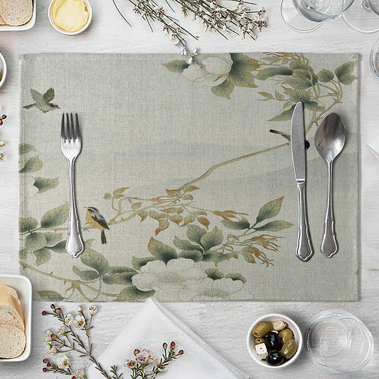 Daesar Modern Placemats Set of 4, Cotton Linen Placemats for Dining Table Flower Branches and Birds Green Grey Placemats Easy Clean 16x12 Inch