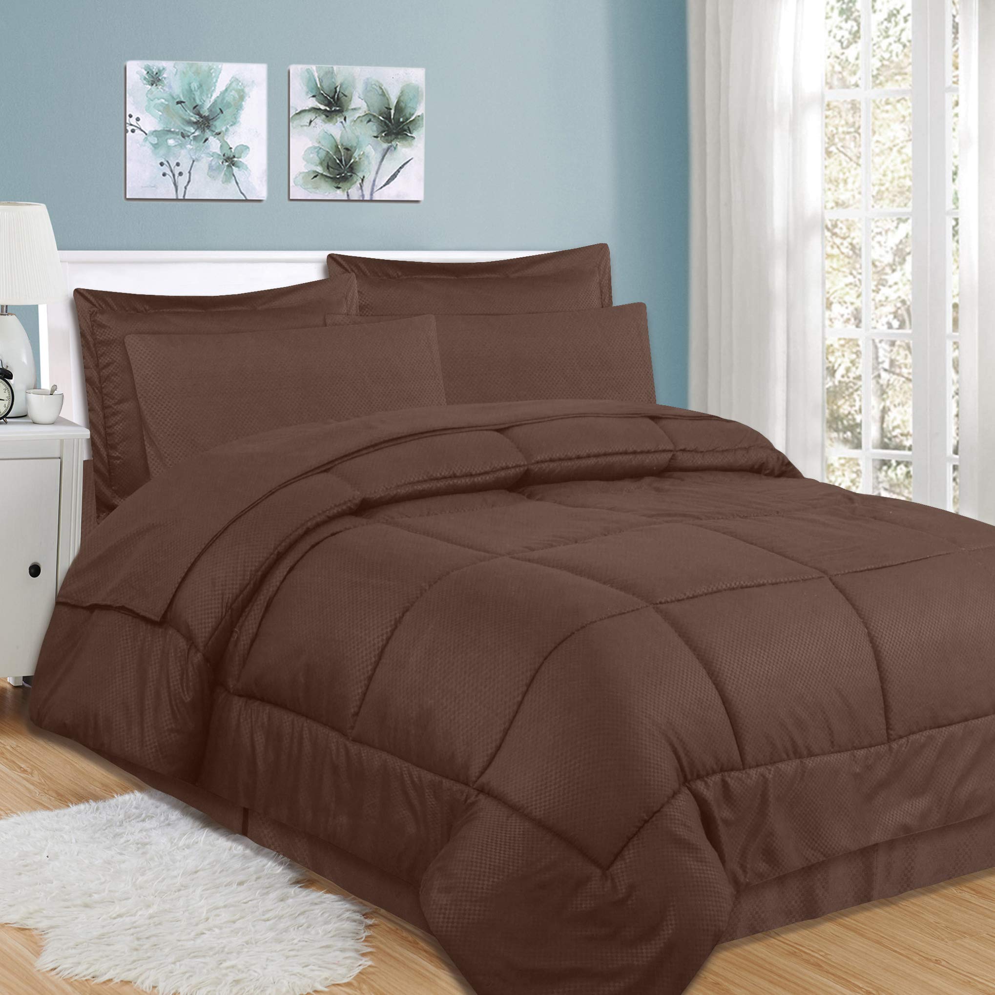 Queen Comforter Set 8 Piece Bed in a Bag with Bed Skirt, Fitted Sheet, Flat Sheet, 2 Pillowcases, 2 Pillow Shams, Queen, Checkered ChocolateOEKO-TEX STANDARD 100