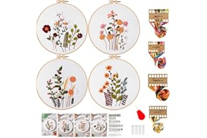 Smart-Feather 4 Sets Flower Embroidery kit for Beginners, Hand Embroidery Kits for Adults with Hoop, DIY Art Project Craft Kit (Colorful)