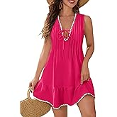 Blooming Jelly Womens Bathing Suit Cover Up Pleated Lace Up Swim Beach Dress Flower Trim Swimsuit Coverup with Pockets(Hot Pink,L)