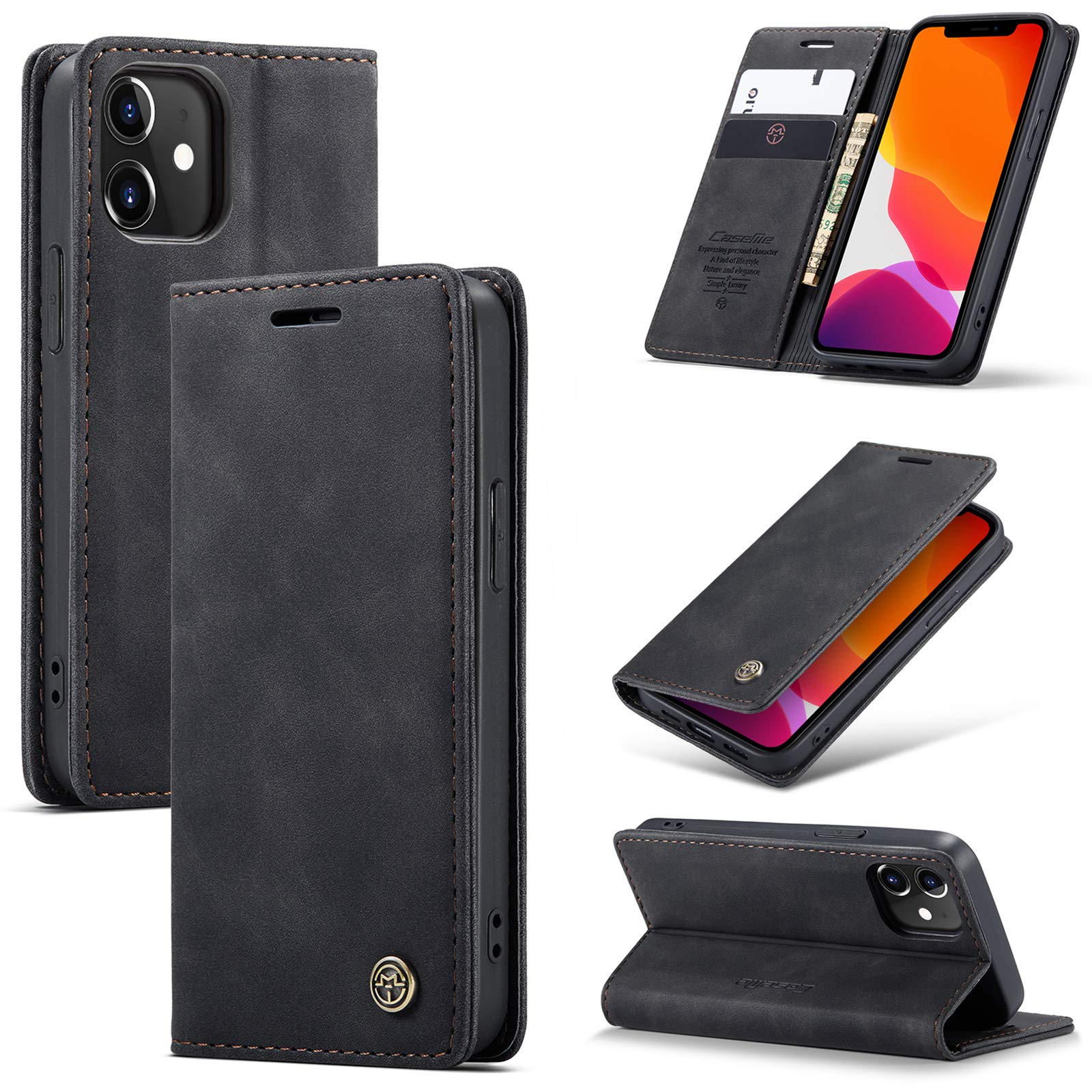 UFinetech Case for iPhone 12, Shockproof Anti-scratch Cover Compatible with iPhone 12 (6.1”), Leather TPU Slim Soft Flip Folio Magnetic Closure Kickstand Card Holder Wallet Camera Protector, Black — image 1