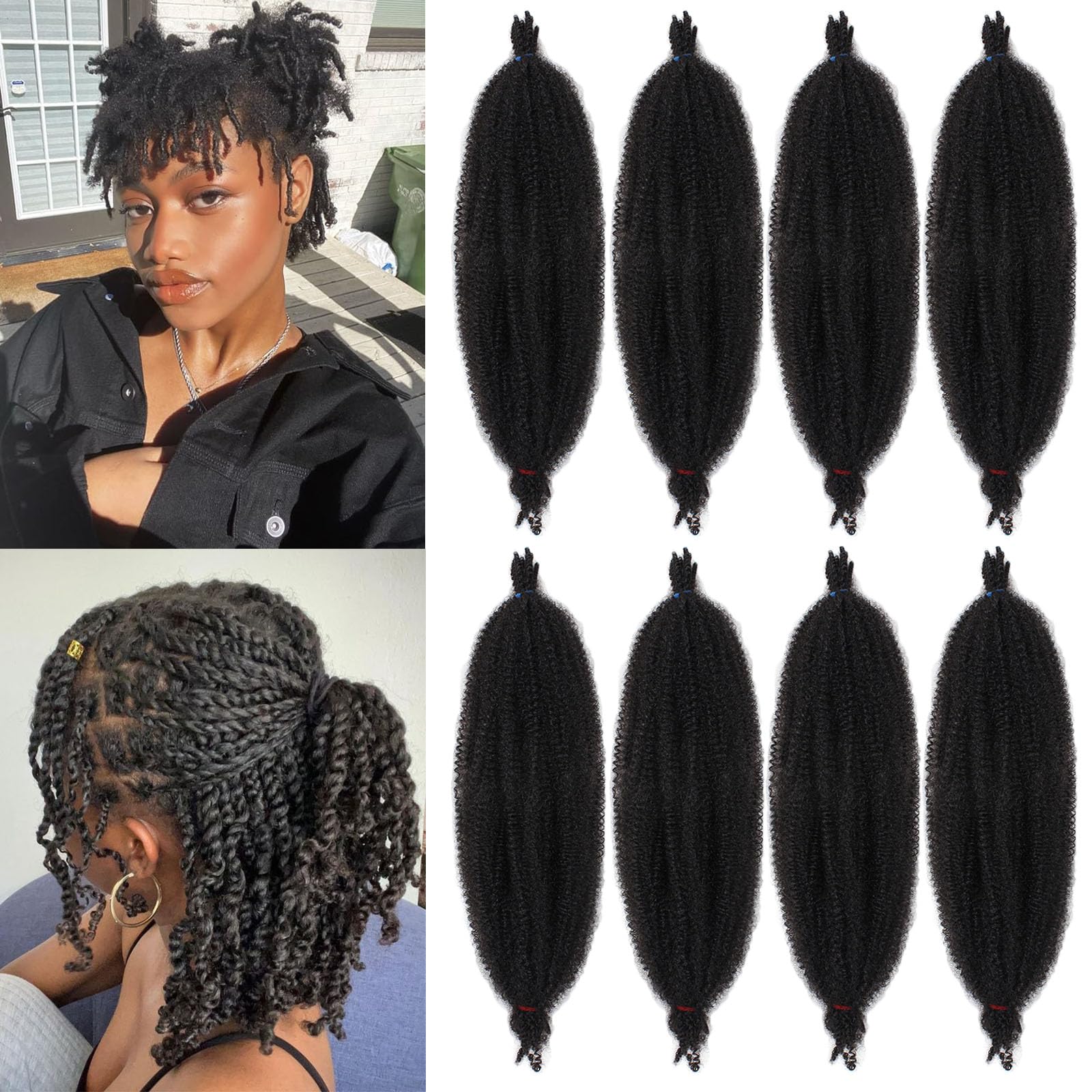 Samtress 8 Packs Pre Separated Springy Afro Kinky Hair 8 Inch Short Marley Twist Braiding Hair Synthetic Natural Black Pre-Fluffed Natural Spring Twist Hair Wrapping Hair For Soft — image 1