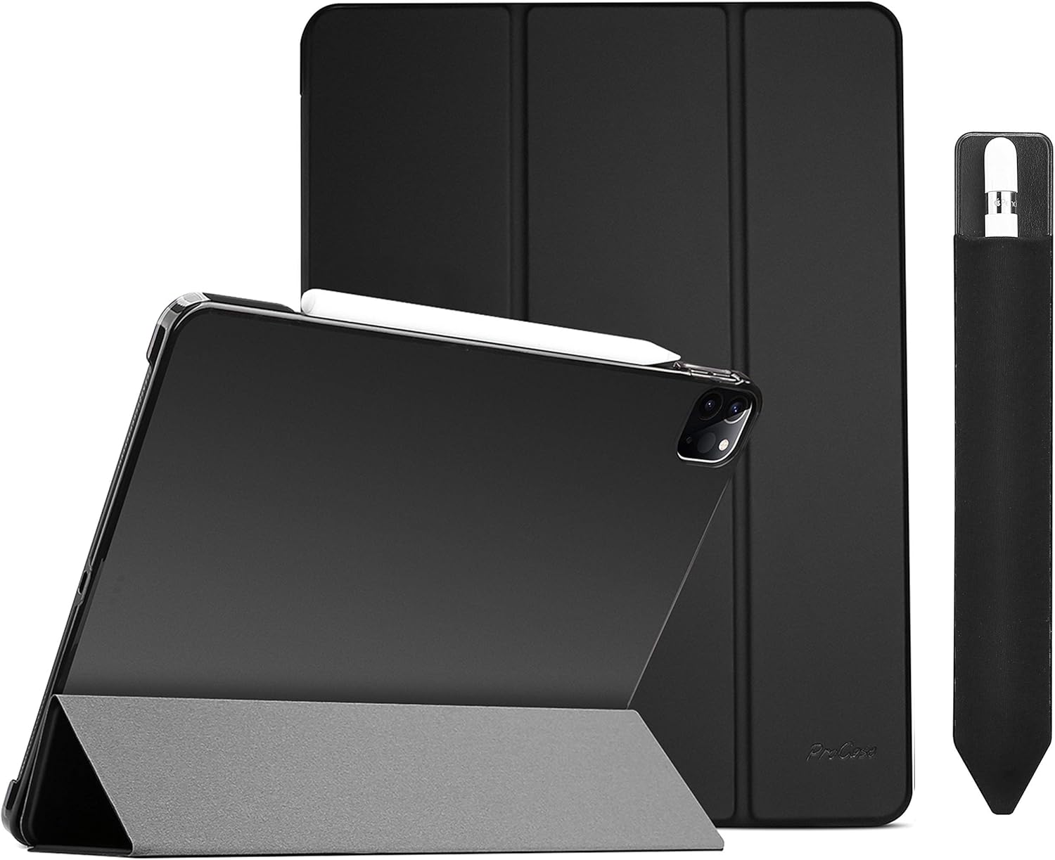 ProCase Black iPad Pro 12.9 Slim Case 4th Generation 2020 & 2018 Bundle with Black Pencil Holder Sticker for Apple Pencil 1st and 2nd Gen