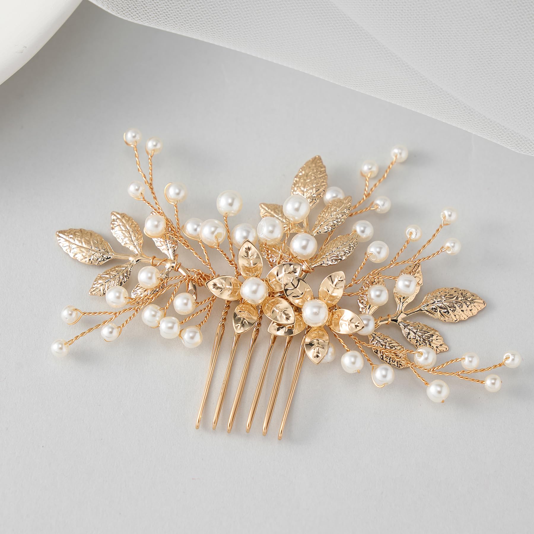 Photo 1 of SWEETV Bridal Hair Comb Pearl Accessory Bendable Leaf Hair Piece Vintage Wedding Accessories for Brides Bridesmaids Women Girls
