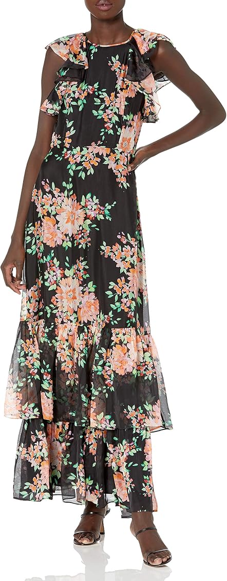 Shoshanna Women's Flutter Sleeve Floral Printed Sheath Gown with Two Ruffle  Tiers, Jet/Blush Multi, 2 at Amazon Women's Clothing store