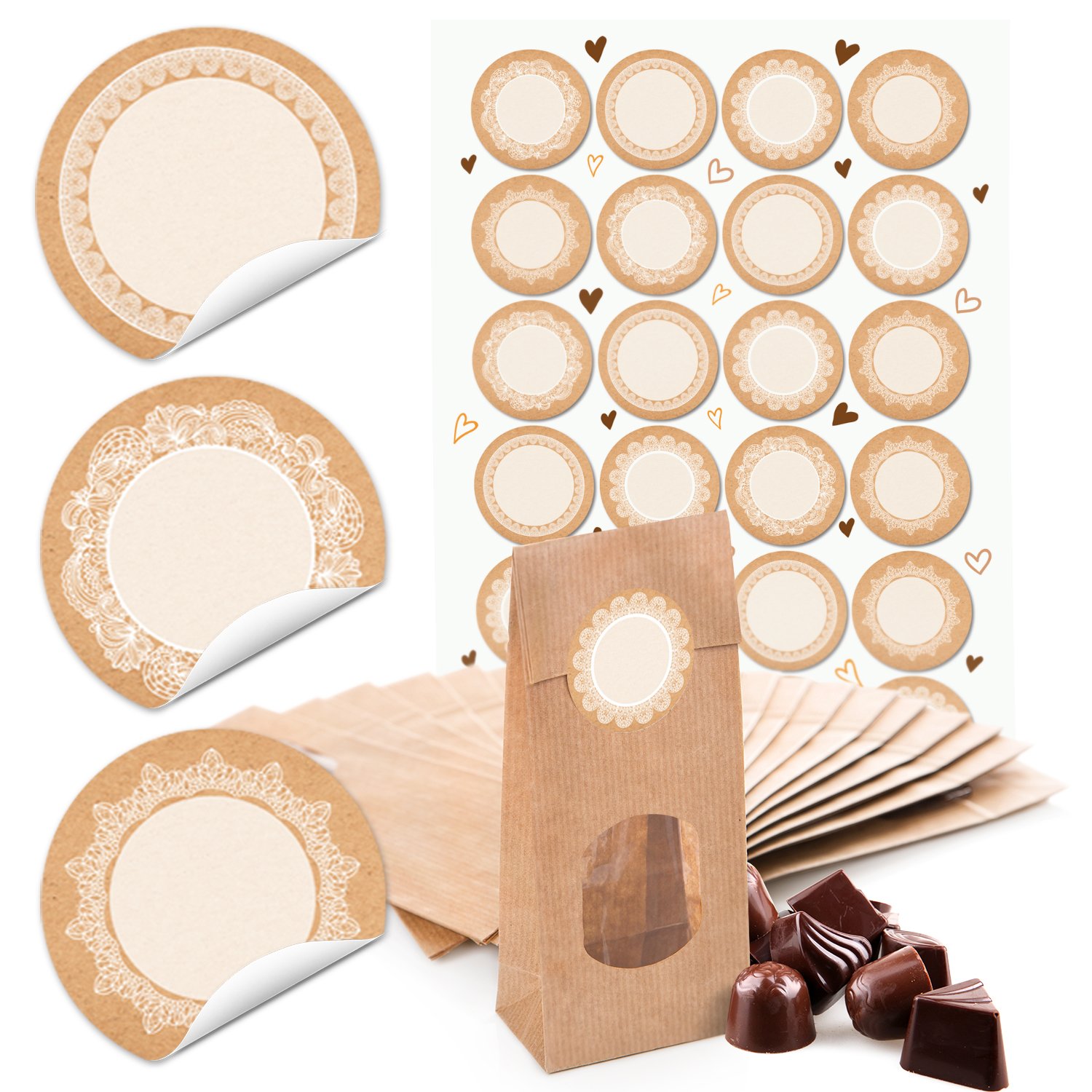 10 Small Brown Paper Bags with Window and Insert Sheets 7 x 4 x 20.5 cm and 24 cm Kraft Paper Lace Beige White Vintage Round Blank Stickers 4 Pack Tee Block Bottom Bags