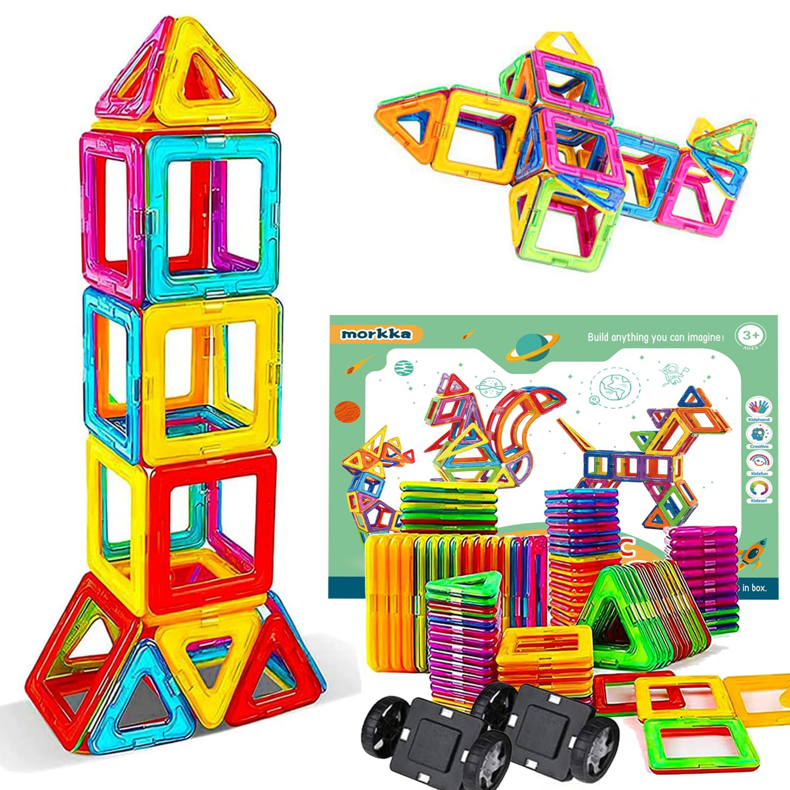 morkka Magnetic Building Blocks 46 Pieces Magnets Building Kit 3D Rainbow Color Educational Toy Set Creative Toys Kids Toddler Girl Boy Car Ferris Wheel Great