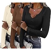 Ekouaer Womens 3 Pack Long Sleeve Shirts V-Neck Slim Fit Going Out Thermal Undershirts Ribbed Y2K Tops XS-XXL
