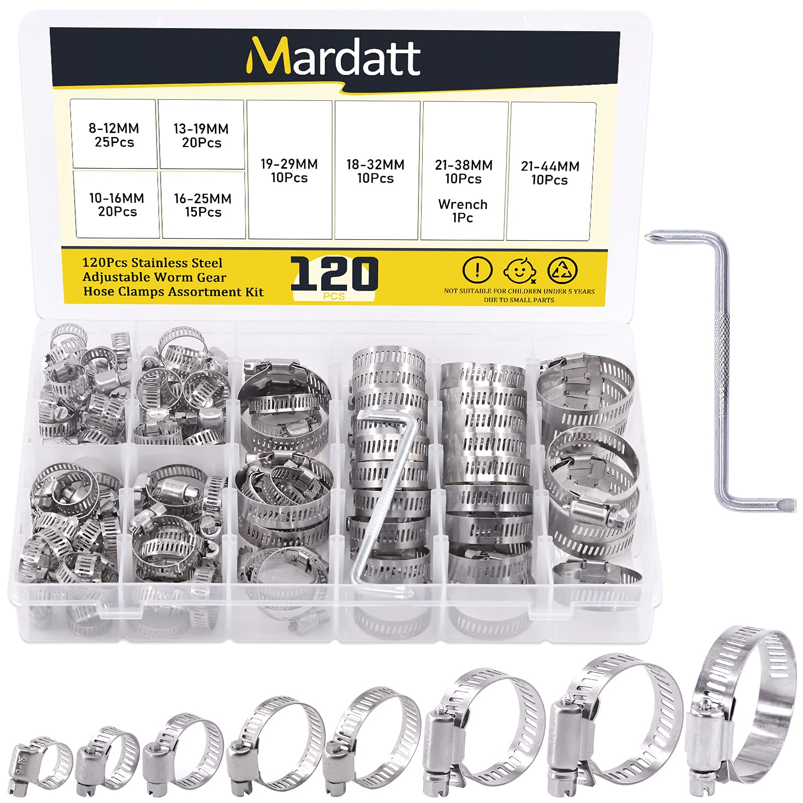 Mardatt 121pcs 8 Sizes 304 Stainless Steel Hose Clamps Adjustable 0.3-1.7inch/8-44mm Range Worm Gear Hose Clamps Assortment Kit with Screwdriver