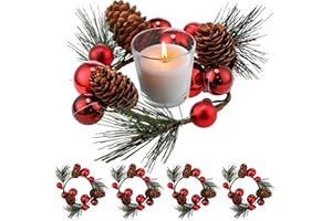 FoldTier 4 Pcs Christmas Candle Rings, Christmas Table Centerpieces Decoration, Artificial Red Berries, Pine Needles Garland, Rustic Wedding Centerpiece for Cabinets, Windows, Front Door Pillars