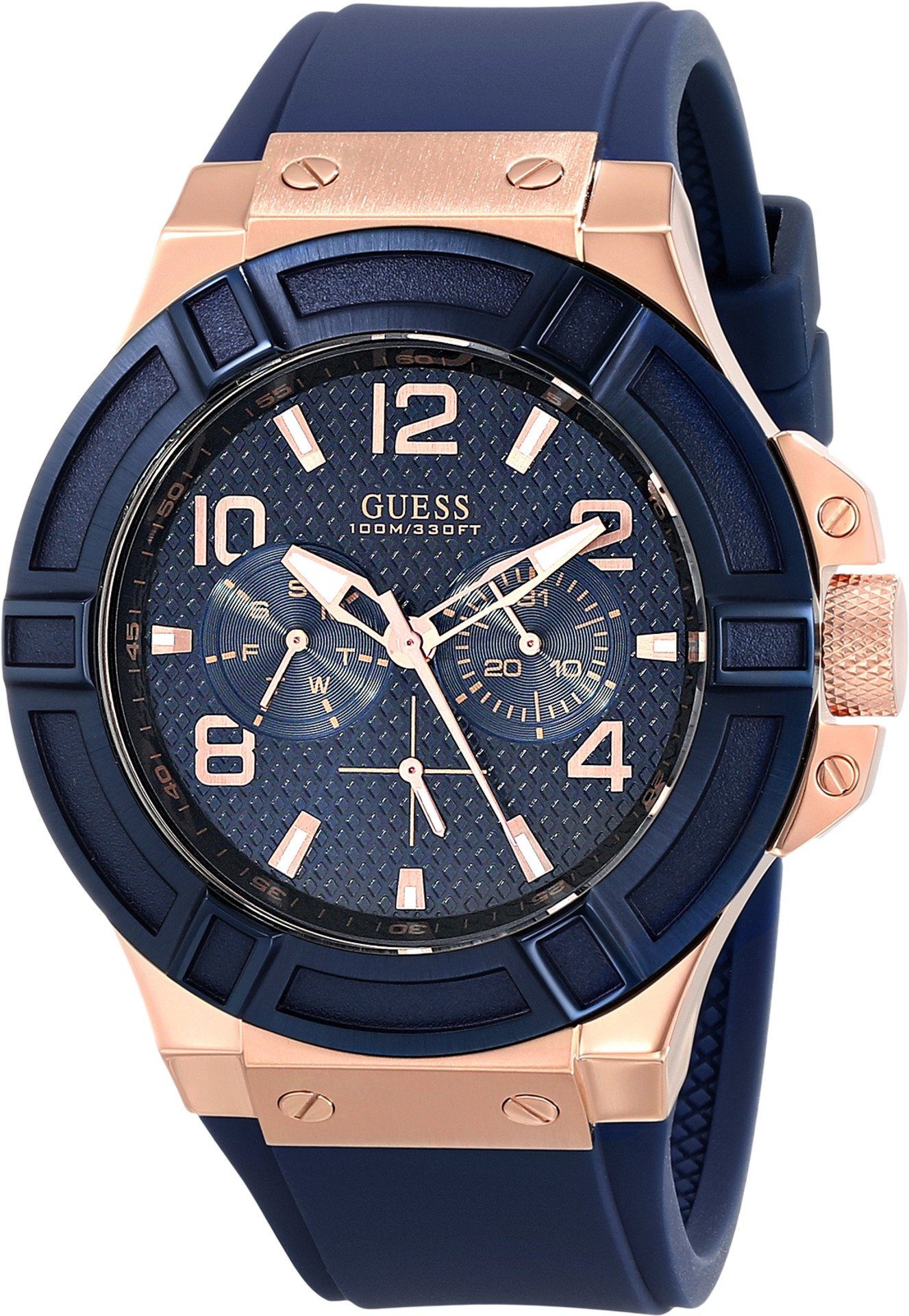 GUESS Reloj de silicona resistente a las manchas Rigor Iconic azul para hombre con día y fecha en tono oro rosa (Modelo: U0247G3)