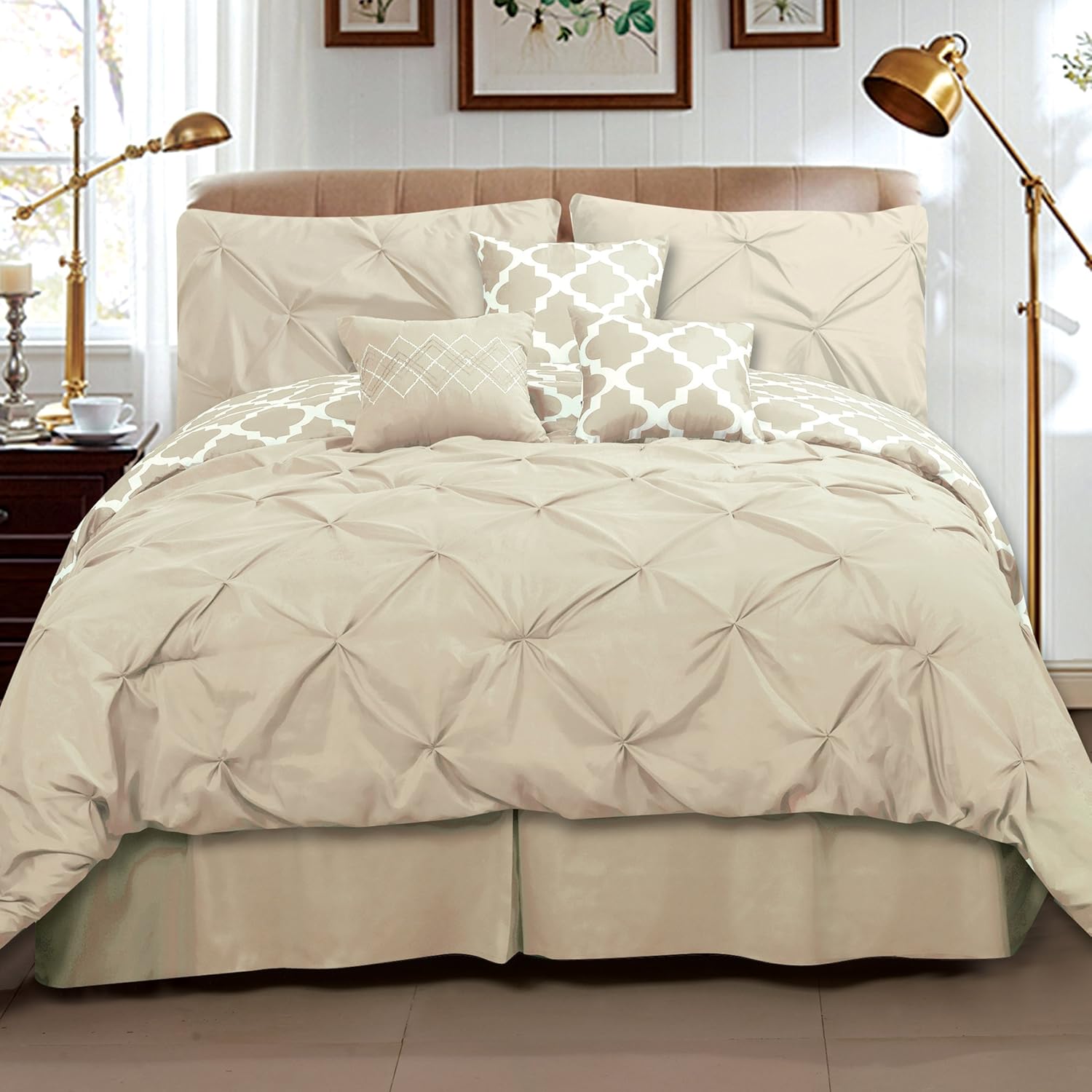 Sweet Home Collection 7 Piece Pinch Pleat Decorative Pin Tuck Solid to Reversible Lattice Print Fashion Comforter Set, King, Cream/White