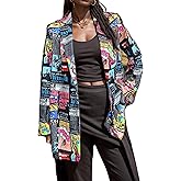 WDIRARA Women's Newspaper Print Single Button Blazer Lapel Collar Long Sleeve Work Office Jacket