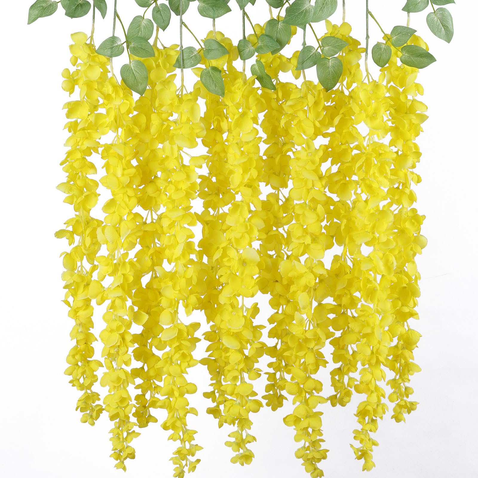 Photo 1 of mizii 6Pcs Yellow Wisteria Hanging Flowers 48" Silk Wisteria Artificial Flowers Garland Vines Fake Hanging Flowers Decoration for Wedding Flower Wall Backdrop Centerpieces Party Room Decor (Yellow)