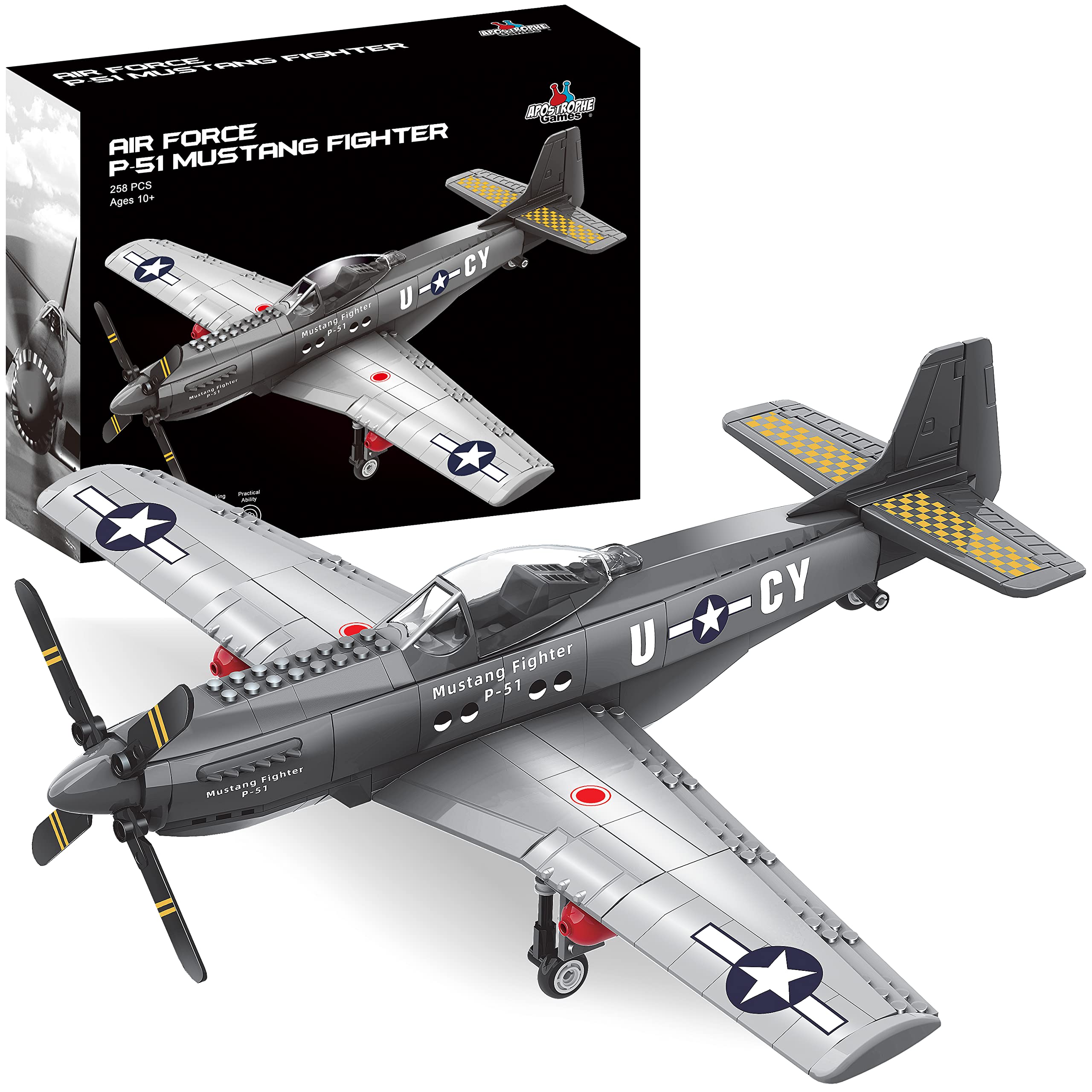APOSTROPHE Games P-51 Mustang Fighter Jet Building Block Set – 258 -Pcs Building Toys Set – Plane Toy for Kids 10+ and Adults – Compatible with All Building Bricks — image 1
