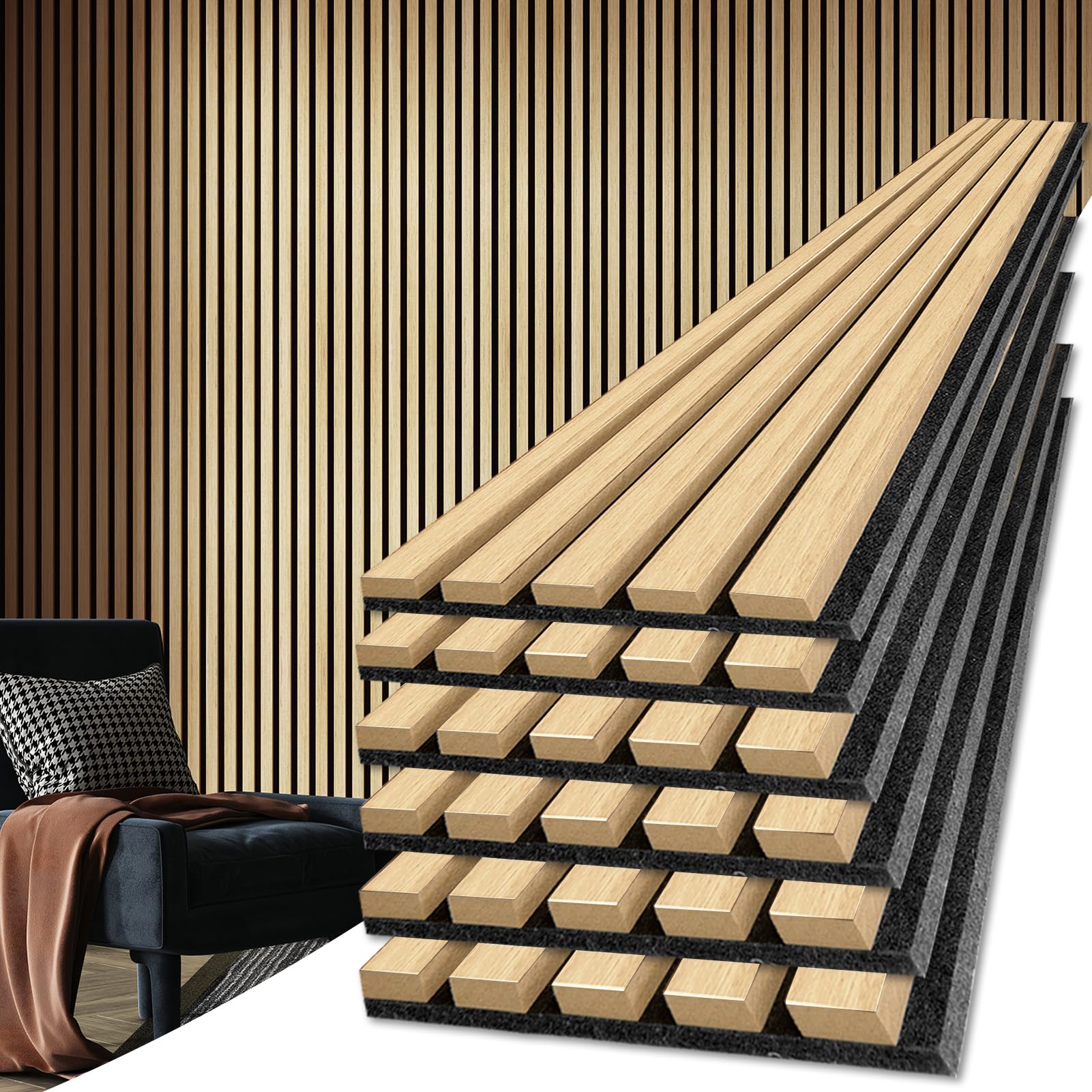 Photo 1 of Art3d 6-Piece Wood Slat Acoustic Panels for Stylish Decor and Noise Reduction, 3D Textured Panel for Ceiling and Wall, Oak