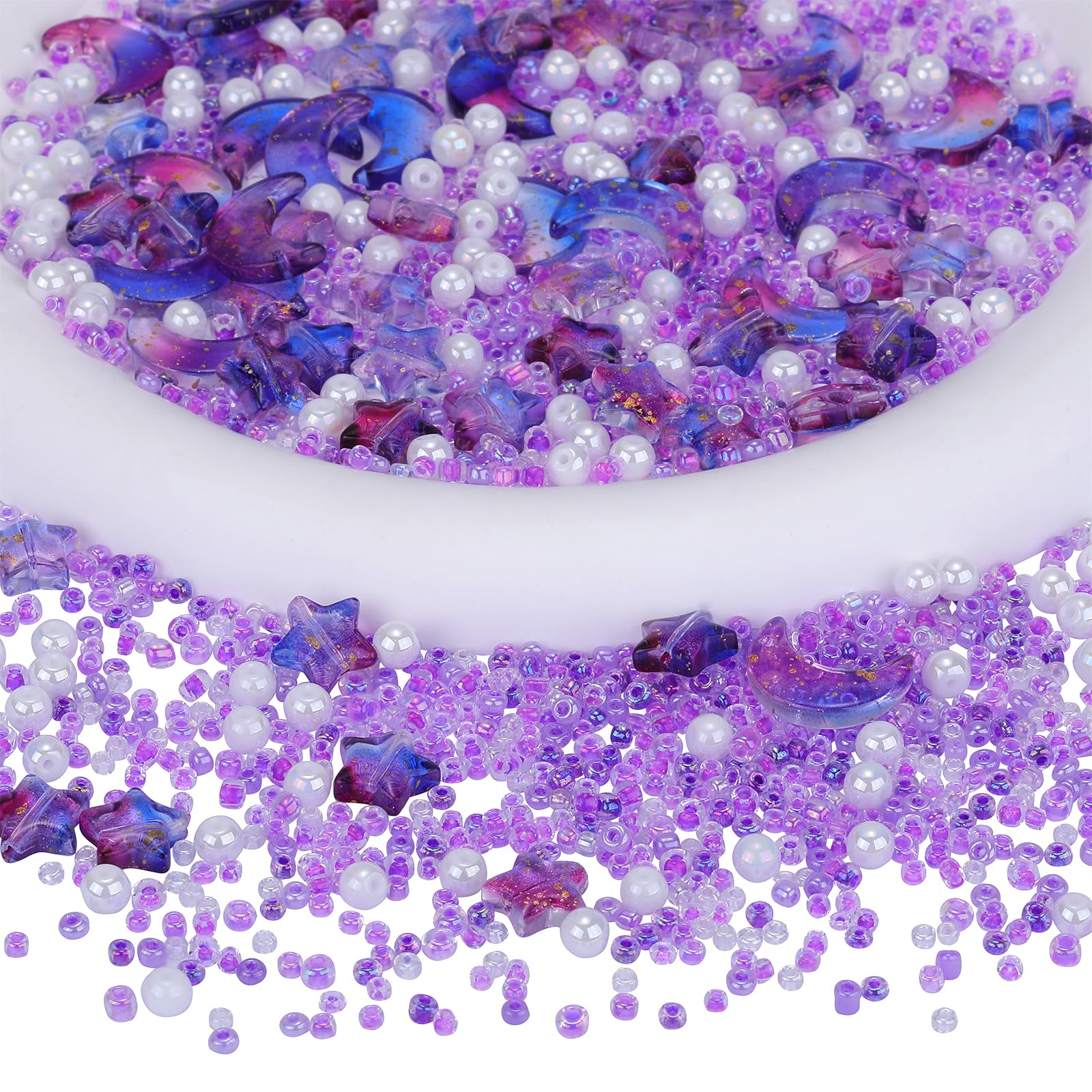 BEEFLYING 2220pcs Mixed Star Moon Shape Glass Spacer Beads Round Pearl Acrylic Beads Seed Beads for DIY Jewelry Making(Lilac)