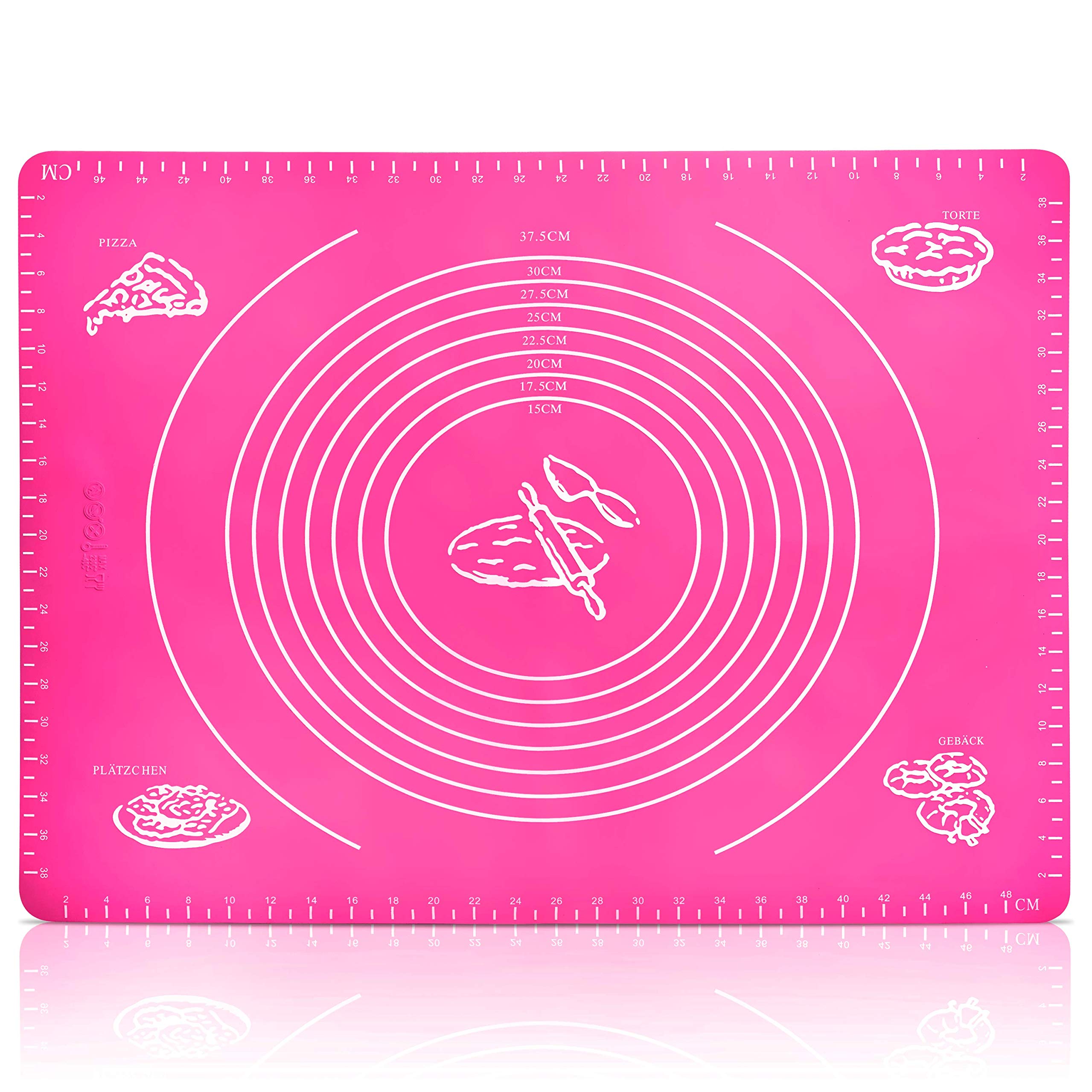 Belmalia Large Dough Mat, Silicone Rolling Mat, Heat Resistant, Baking Mat for Pizza, Fondant, Baking, Kitchen 50x40cm Pink