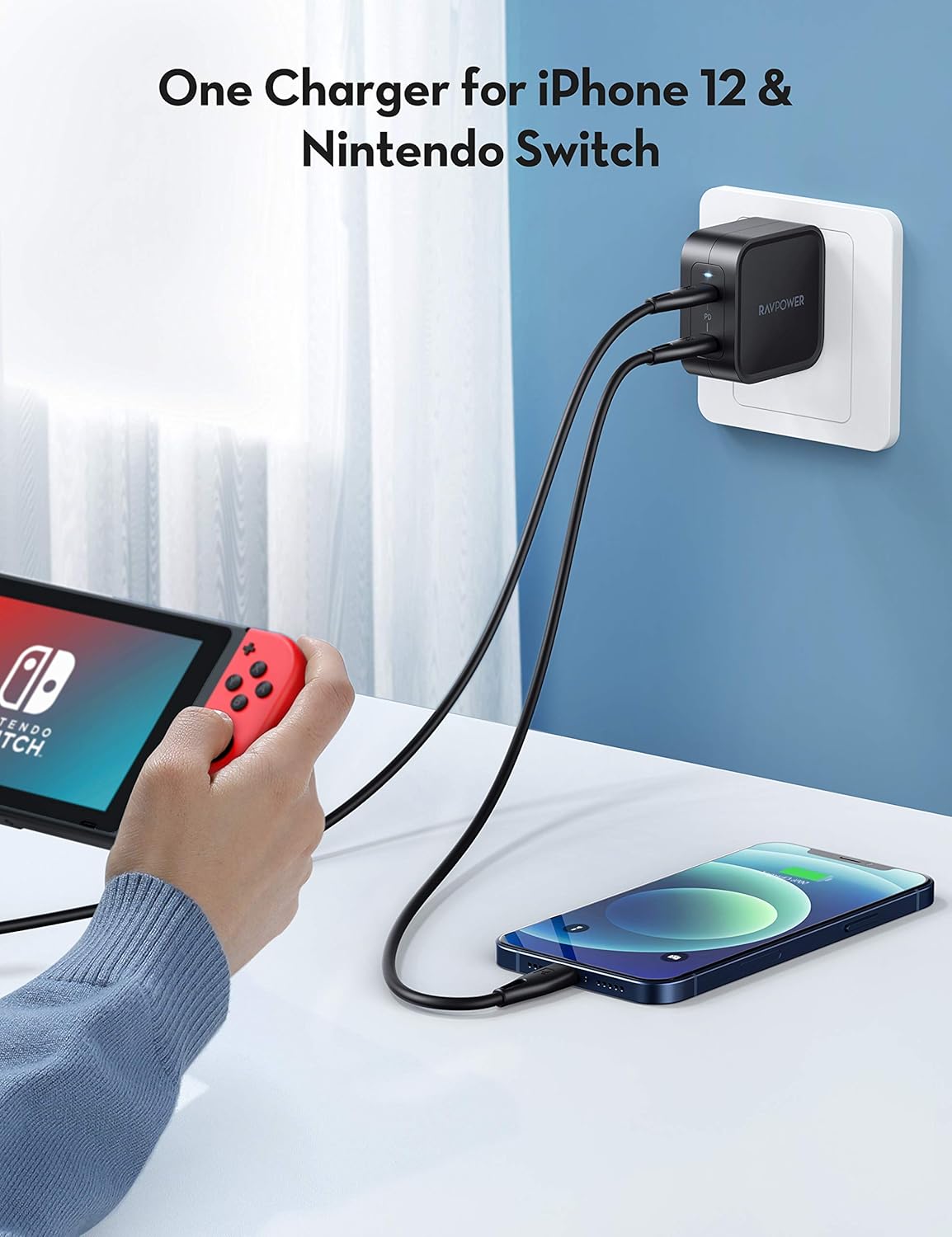 USB C Charger RAVPower 65W PD Charger 2-Port Foldable iPhone Fast Wall Charger, GaN Tech & PD 3.0 Compact Type C Adapter for iPhone 12 Max, MacBook Pro, Galaxy, Switch, iPad Pro(C to C Cable Included)