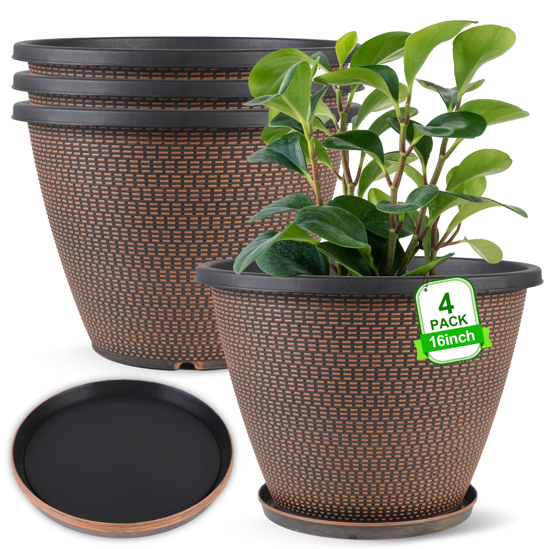 Photo 1 of 16 inch Plant Pots, Large Planters for Outdoor Plants Set of 3, Round Plastic Flower Pots with Drainage Holes & Trays, Modern Decorative Indoor Garden Pot, Plant Container for House (Black Copper)