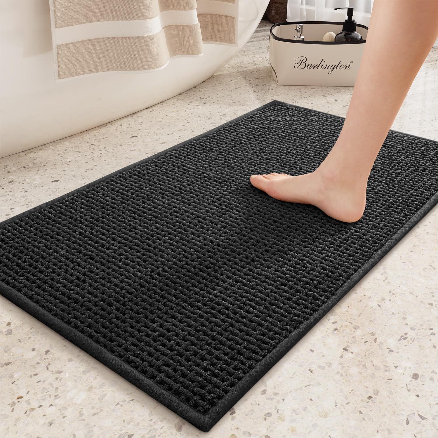 Color&Geometry Chenille Rubber Backed Black Bathroom Rug- Non Slip ...