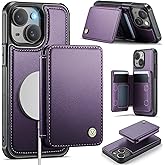 Usroom Compatible with Magsafe for iPhone 15 Wallet Case Magnetic Card Holder, RFID Blocking 2 in 1 Detachable Kickstand Shockproof Case for Women Men, Purple