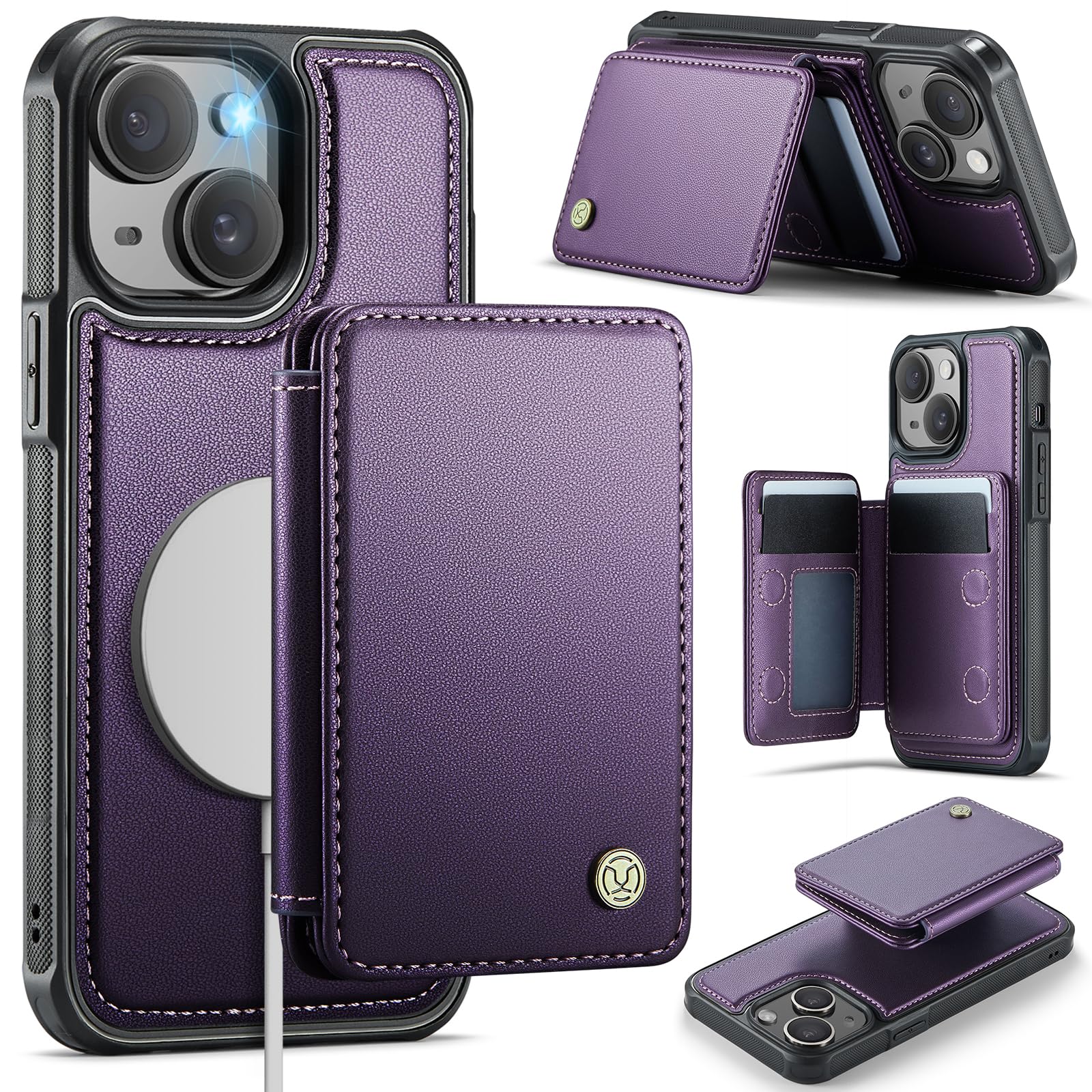 Photo 1 of Usroom Compatible with Magsafe for iPhone 13 Wallet Case Magnetic Card Holder, RFID Blocking 2 in 1 Detachable Kickstand Shockproof Cover for Women Men, Purple