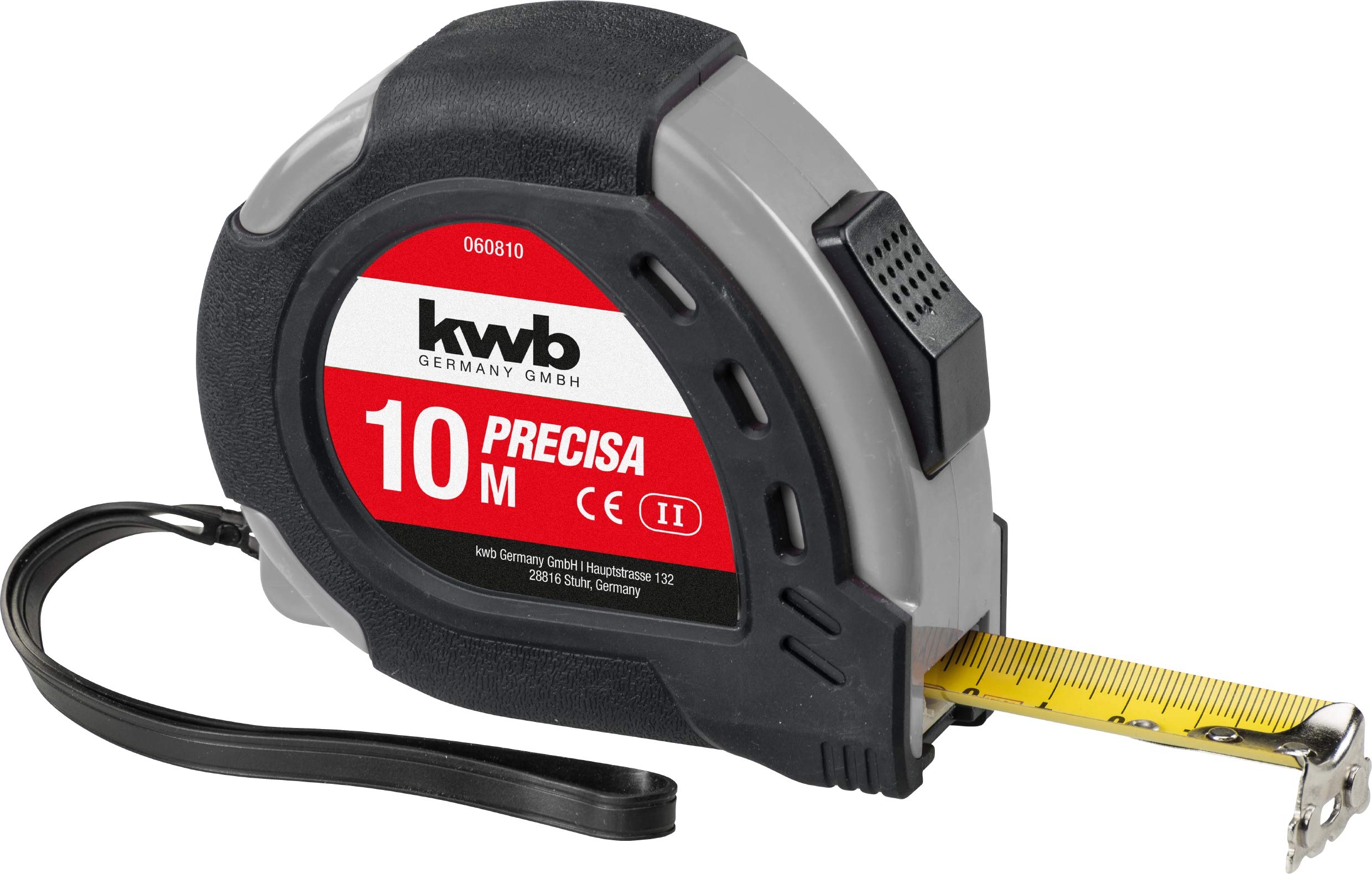 kwb Precisa tape measure with tape measure made of steel, 10 m, with hand-loop, incl. Belt attachment, with magnetic hook, measuring tape for measuring work in wooden, metal and drywall