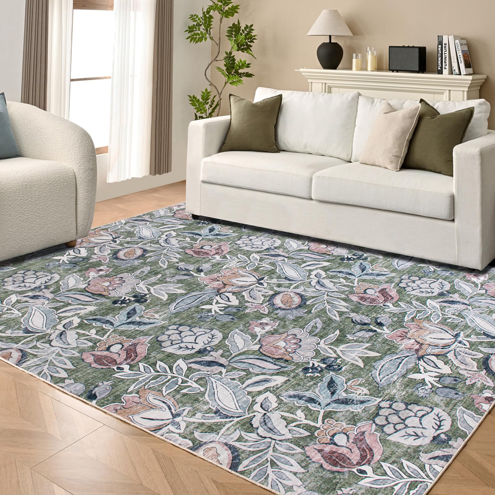 Photo 1 of 9x12 Large Area Rugs for Living Room,Machine Washable Rug, Non Slip Vintage Boho Rug,Low-Pile Floral Print Carpet for Bedroom Dinning Room Office Farmhouse Indoor Home Decor?Green 9'x12'?