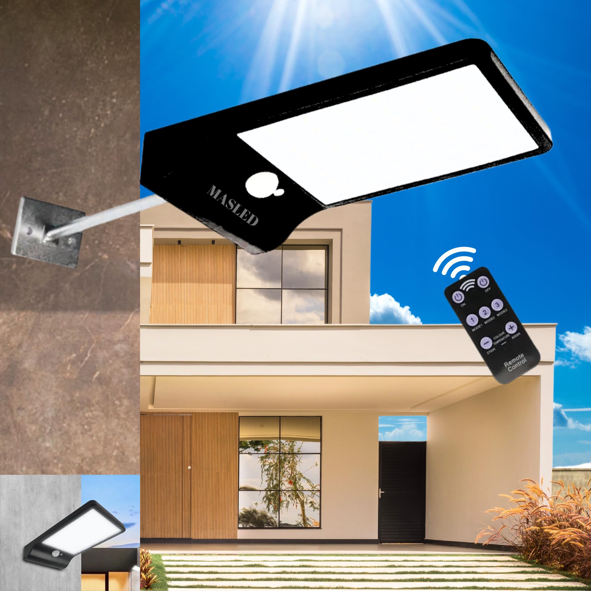 MASLED Solar Security Lights Outdoor Motion Sensor w/ Remote | 3 Intelligent Modes, Light Colour & Brightness Controls, Wall & Pole Mount | Ideal as Garden Lights, Outdoor Wall Lights etc. (Black)