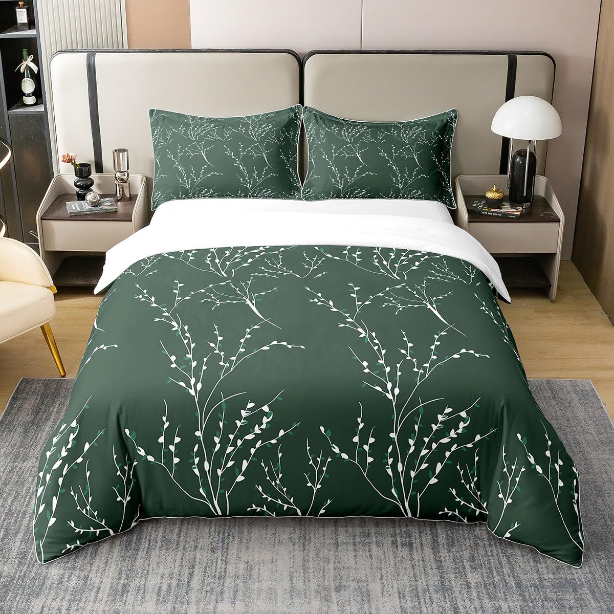 Emerald Green Branches Bedding Duvet Cover 100% Cotton Set Reversible Flower Plum Blossom Bedding Set 100% Cotton Decor Leaf Comforter Cover Set Bedspread Cover Bedroom Bedclothes King