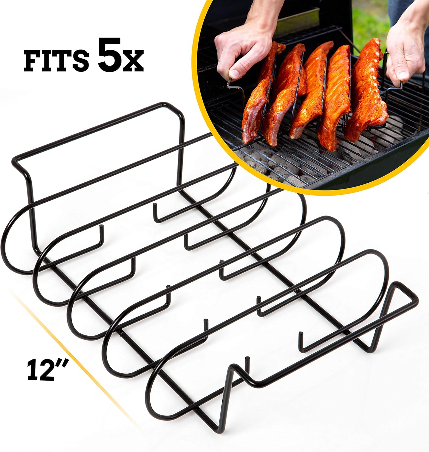 Rib Racks for Smoking - BBQ Rib Rack for Gas Smoker or Charcoal Grill - Non Stick Standing Rib Rack for Grilling & Barbecue - Holds 5 Baby Back Ribs - Black : Garden & Outdoor