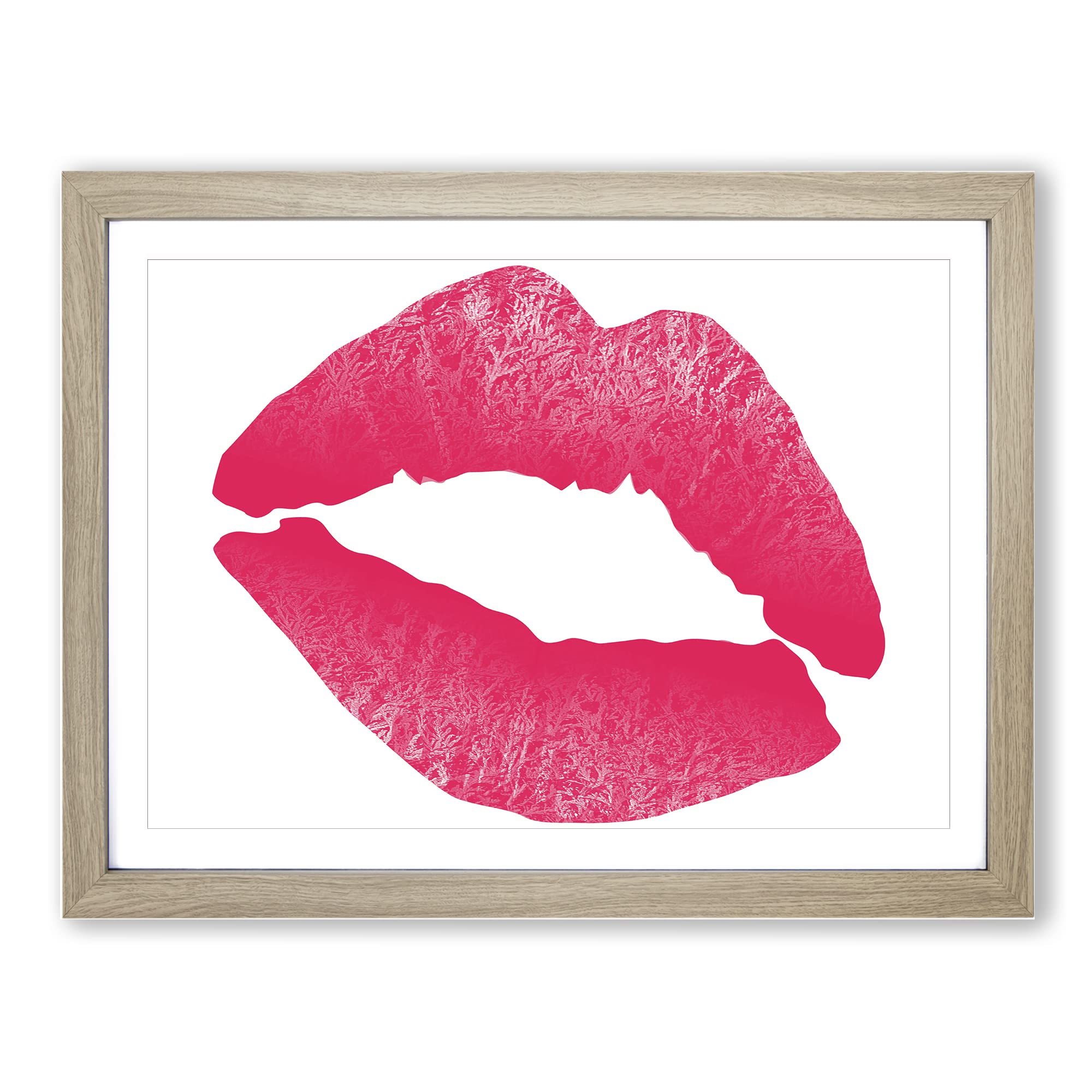 Hot Pink Lips Kiss Modern Framed Print | A4 Oak Framed Wall Art | Ready to Hang | Modern Nature Picture | Living Room Bedroom Lounge Office