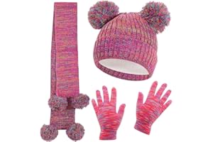 Kids Winter Hat Gloves Scarf Set Girls Toddler Beanie with Pom Knit Neck Warmer Mittens Fleece Lined Set