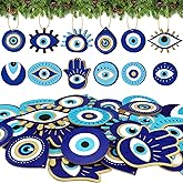 Leinuosen 36 Pieces Turkish Blue Evil Eye Ornaments for Christmas Tree Nazar Evil Eye Good Luck Hanging Wooden Ornaments for Christmas Holiday Home Craft Decoration