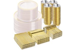 BESTVIP 600PCS Plastic Dinnerware Set (100 Guests), Clear Gold Disposable Plates for Party, Wedding, Anniversary, Includes: Dinner Plates, Dessert Plates, Cups, Spoons, Forks and Knives