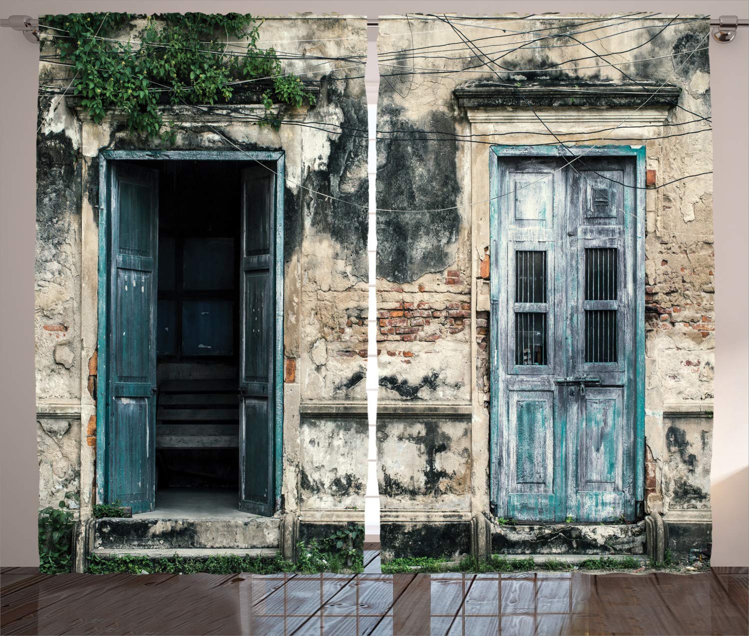 ABAKUHAUS Rustic Curtains, Doors of Old Rock House French Frame Details in Countryside European Past Theme, Living Room Bedroom Window Drapes 2 Panel Set, 280 x 225 cm, Grey Teal