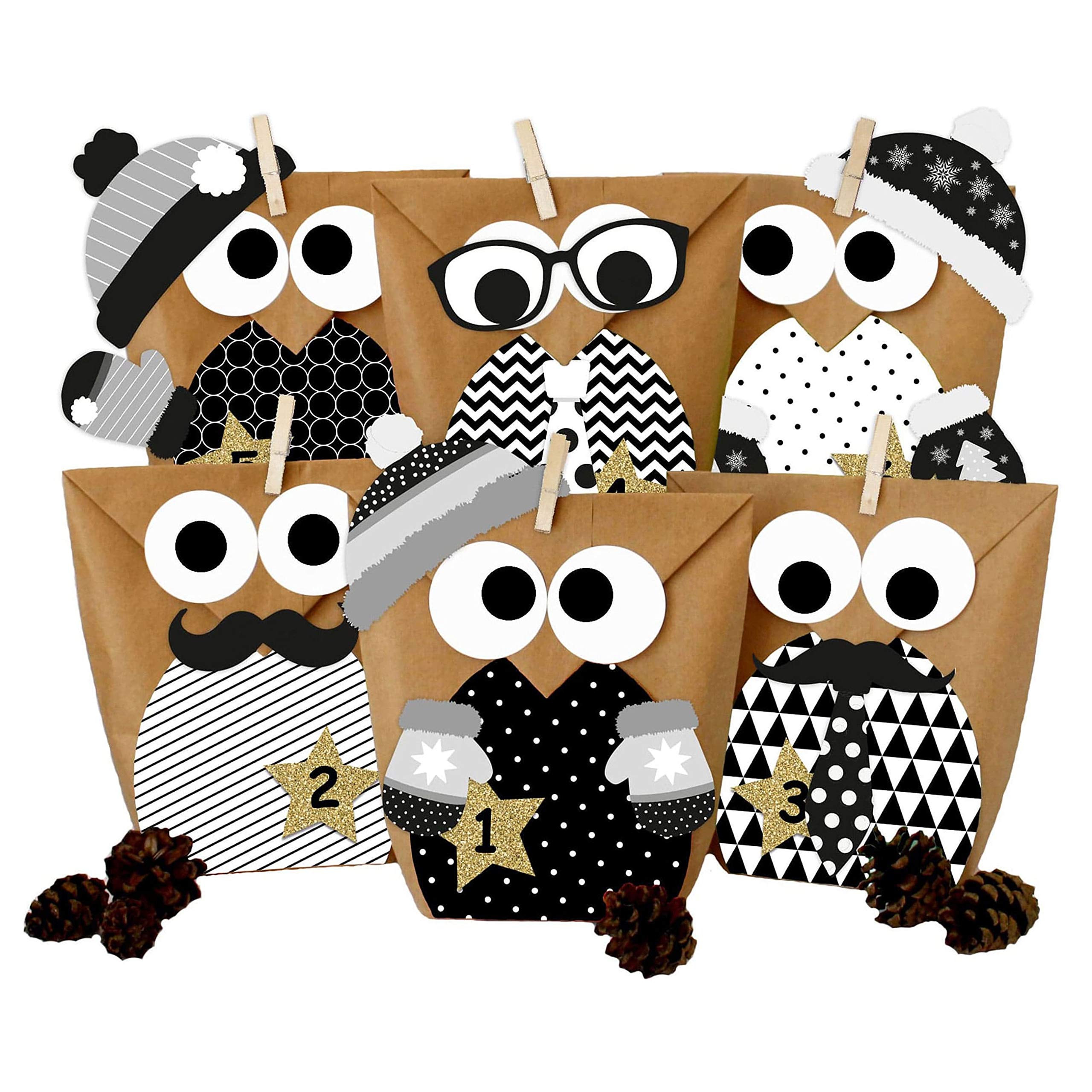 Papierdrachen DIY Advent calendar for you to craft for yourself - Festive owls - Christmas 2018 - black and white set with additional decoration - for you to craft for yourself